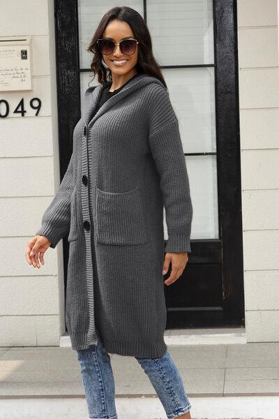Button Up Long Sleeve Hooded Cardigan with Pockets - Immenzive
