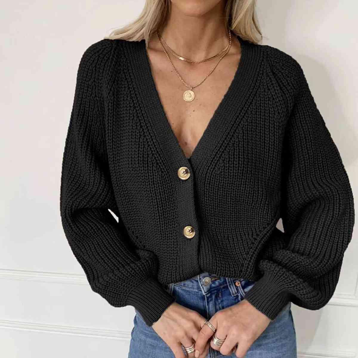 Button Up V-Neck Long Sleeve Cardigan - Immenzive
