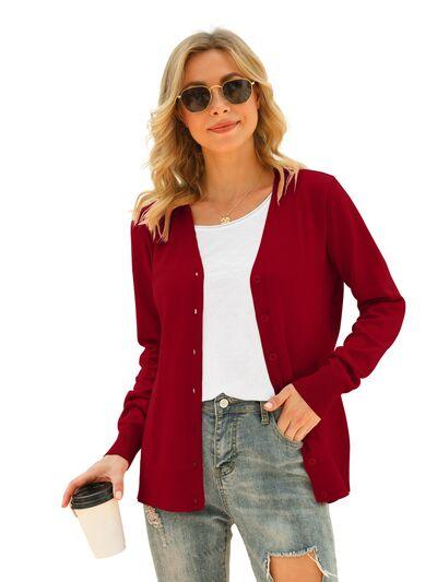 Button Up V-Neck Long Sleeve Cardigan - Immenzive