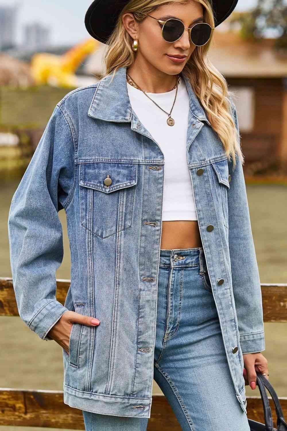 Buttoned Collared Neck Denim Jacket with Pockets - Immenzive