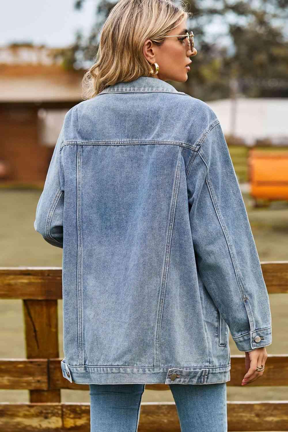 Buttoned Collared Neck Denim Jacket with Pockets - Immenzive