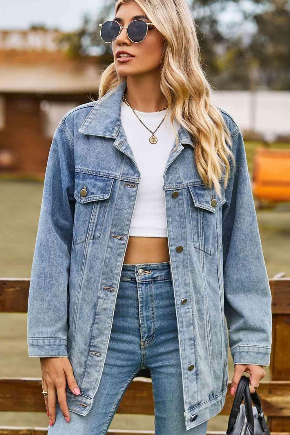 Buttoned Collared Neck Denim Jacket with Pockets - Immenzive