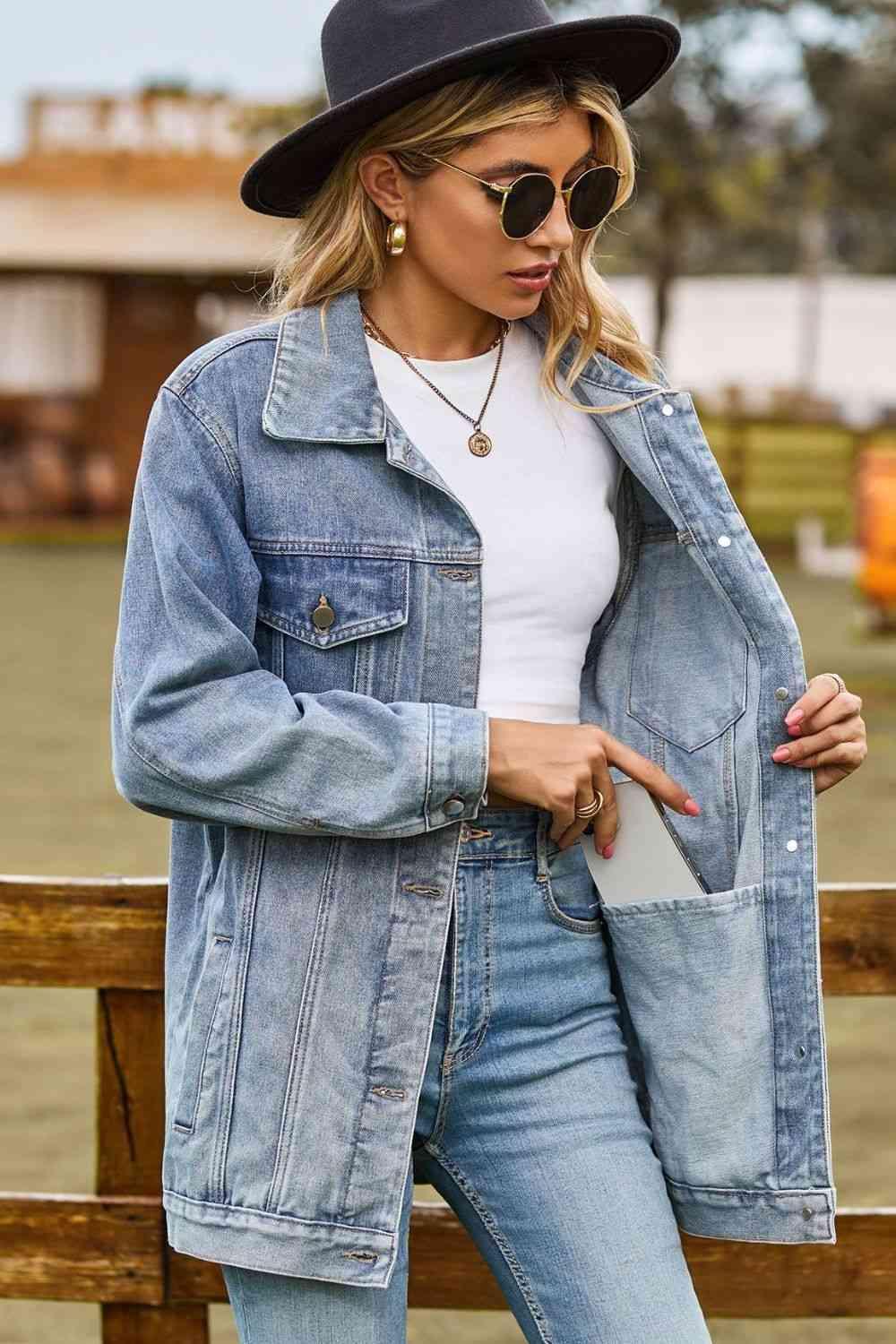 Buttoned Collared Neck Denim Jacket with Pockets - Immenzive