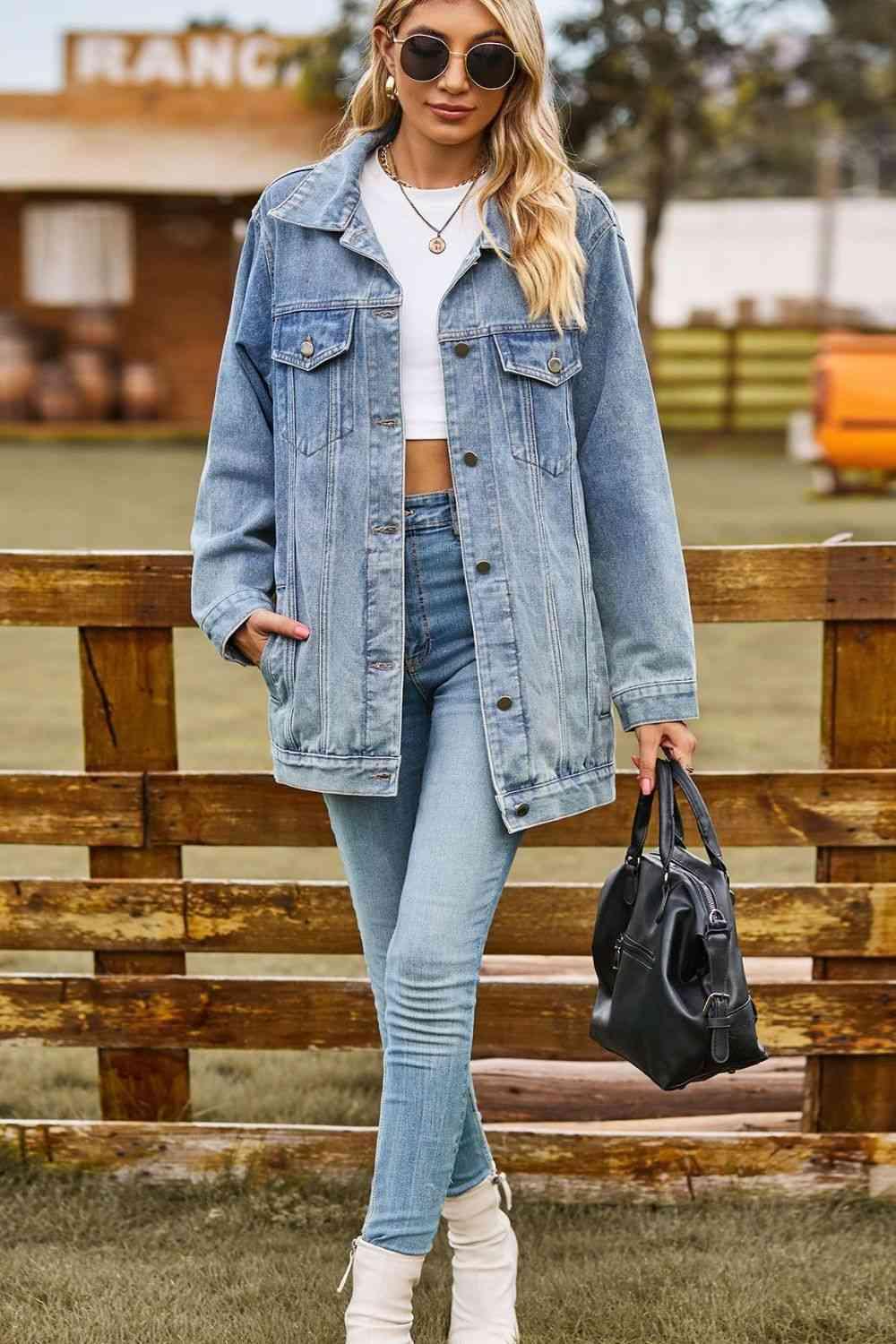 Buttoned Collared Neck Denim Jacket with Pockets - Immenzive