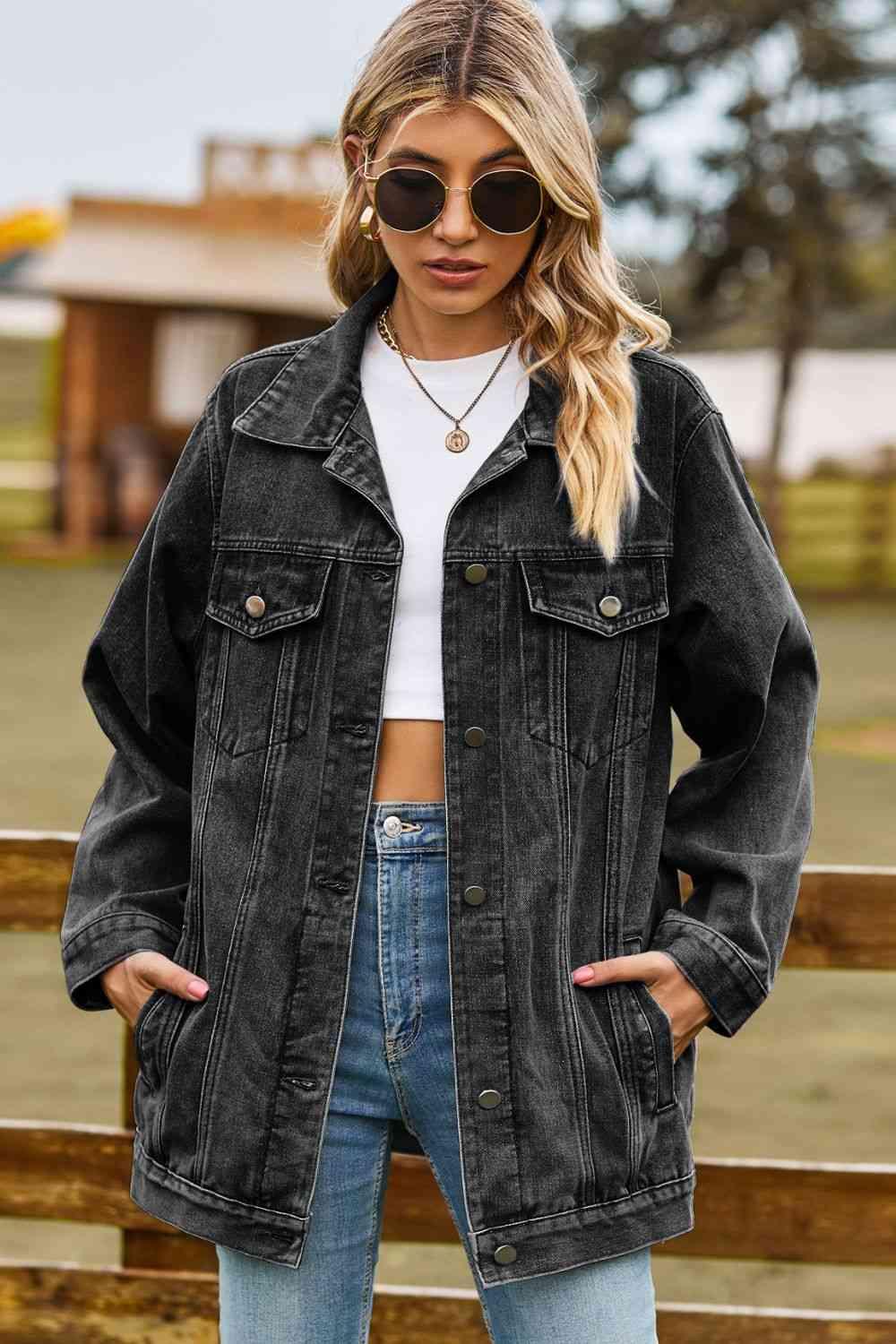 Buttoned Collared Neck Denim Jacket with Pockets - Immenzive