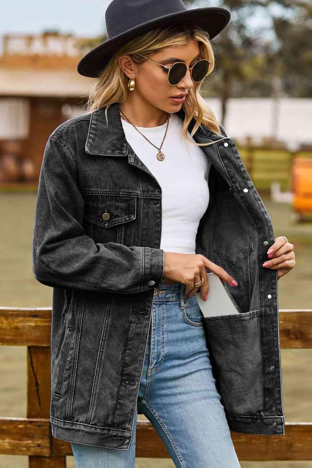 Buttoned Collared Neck Denim Jacket with Pockets - Immenzive