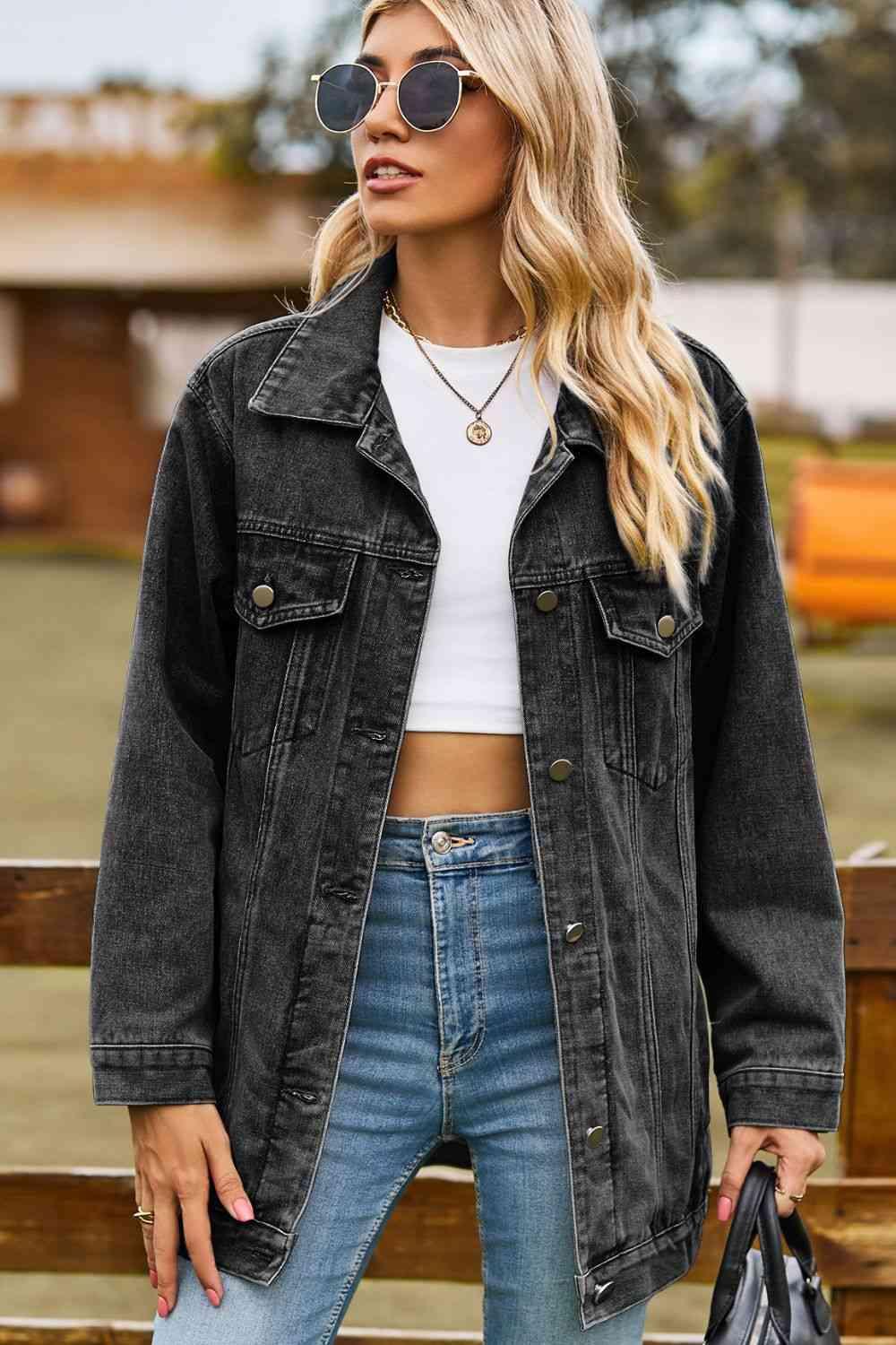 Buttoned Collared Neck Denim Jacket with Pockets - Immenzive