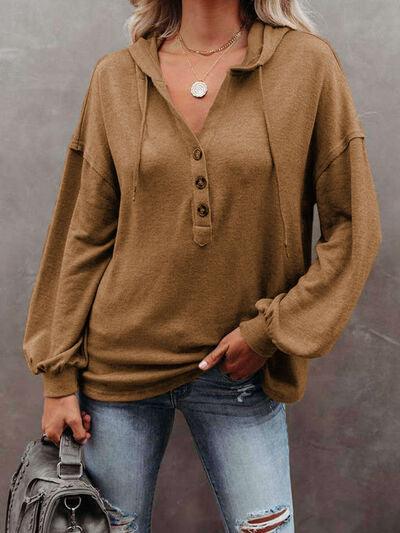 Buttoned Drop Shoulder Hoodie - Immenzive