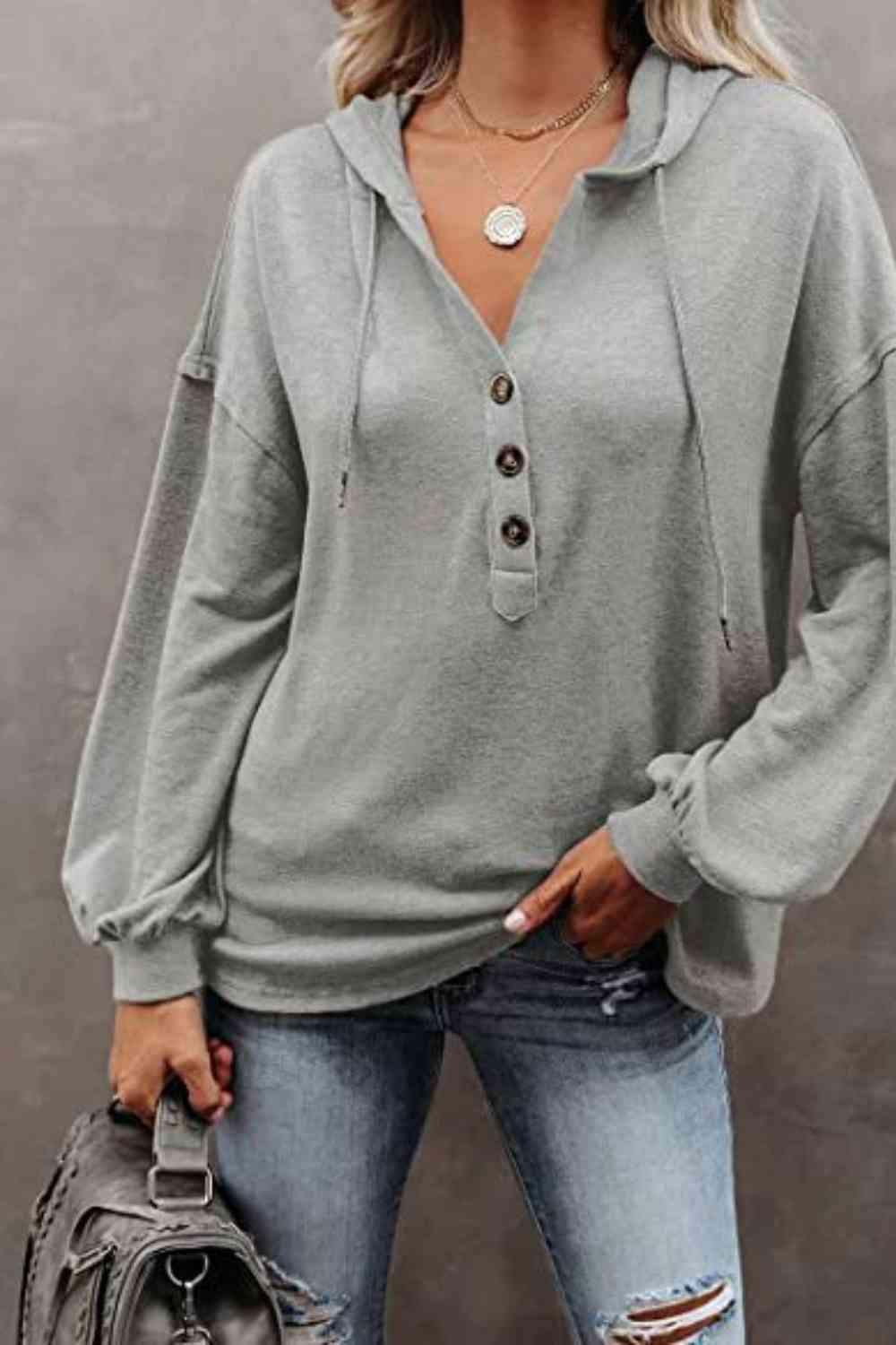 Buttoned Drop Shoulder Hoodie - Immenzive