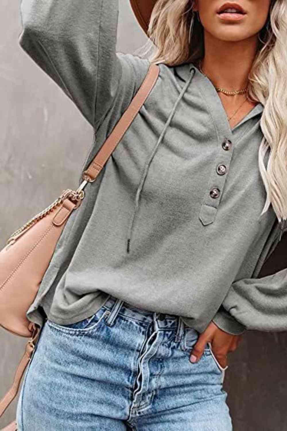Buttoned Drop Shoulder Hoodie - Immenzive