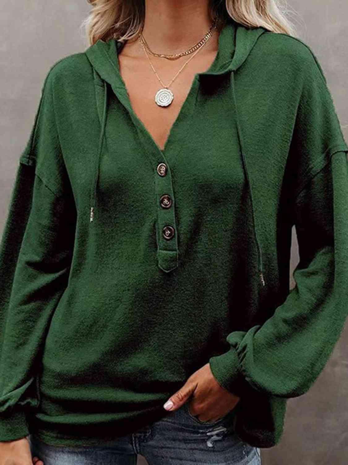 Buttoned Drop Shoulder Hoodie - Immenzive
