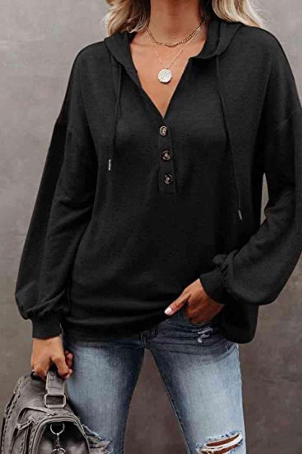 Buttoned Drop Shoulder Hoodie - Immenzive