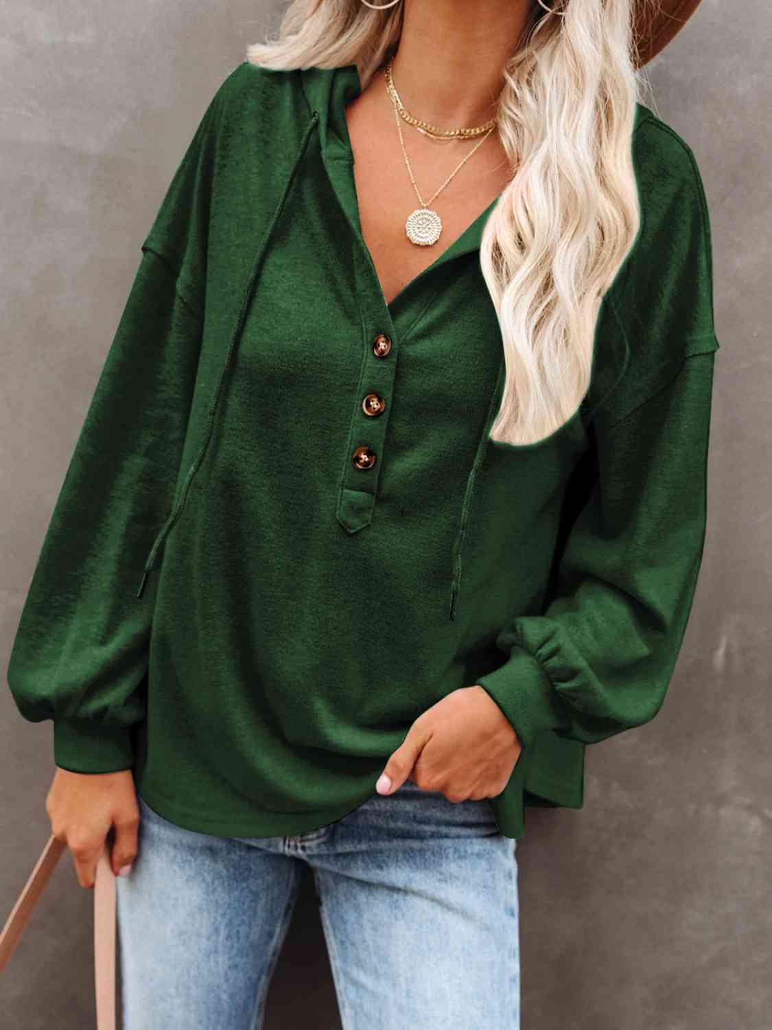 Buttoned Drop Shoulder Hoodie - Immenzive