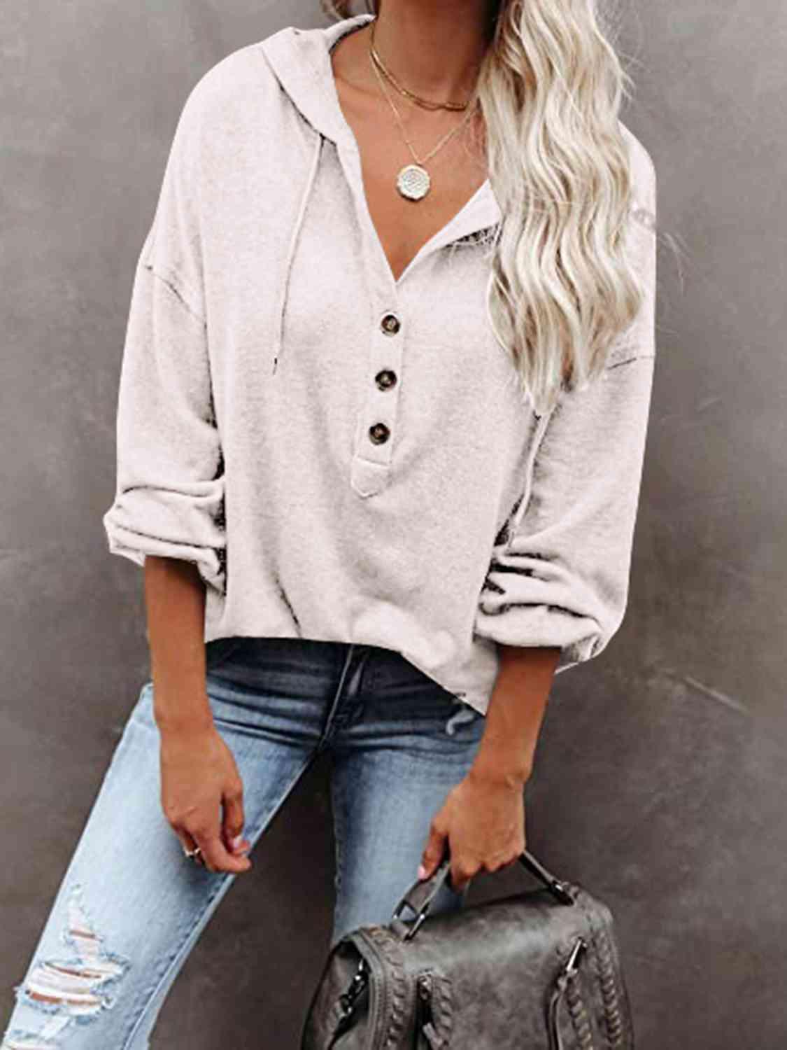 Buttoned Drop Shoulder Hoodie - Immenzive