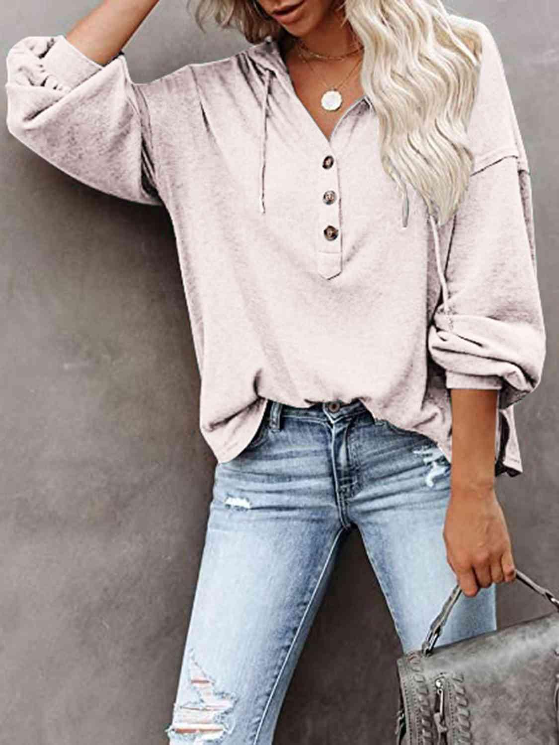 Buttoned Drop Shoulder Hoodie - Immenzive