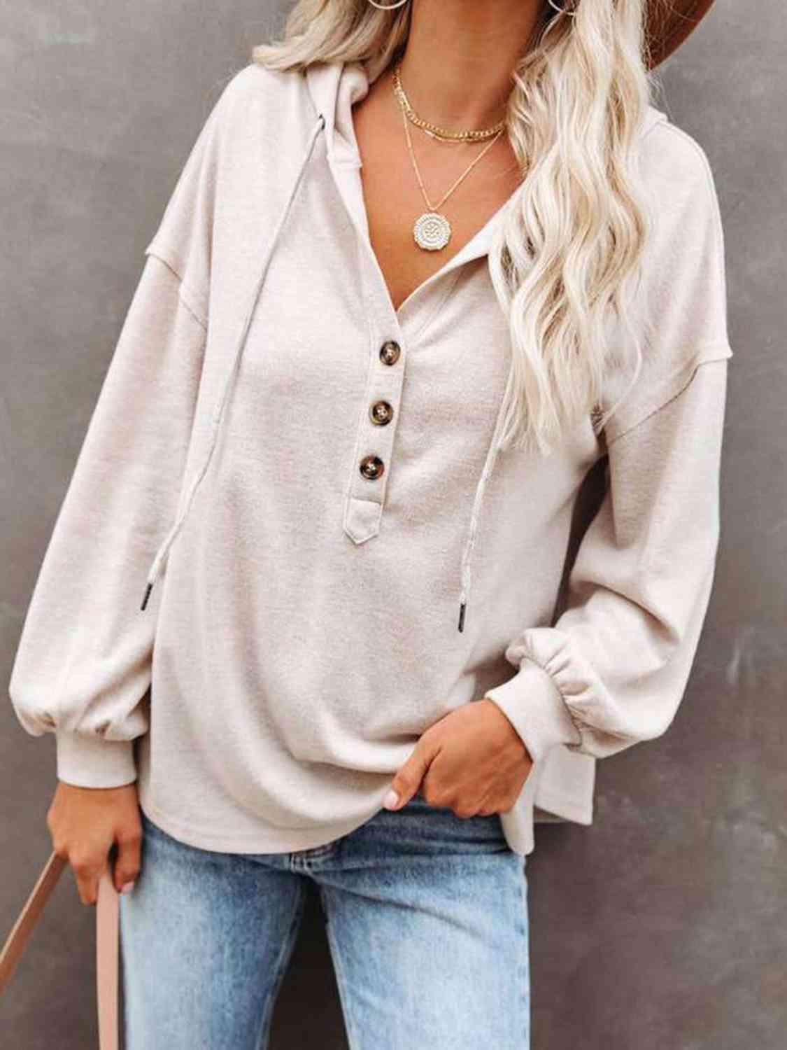 Buttoned Drop Shoulder Hoodie - Immenzive