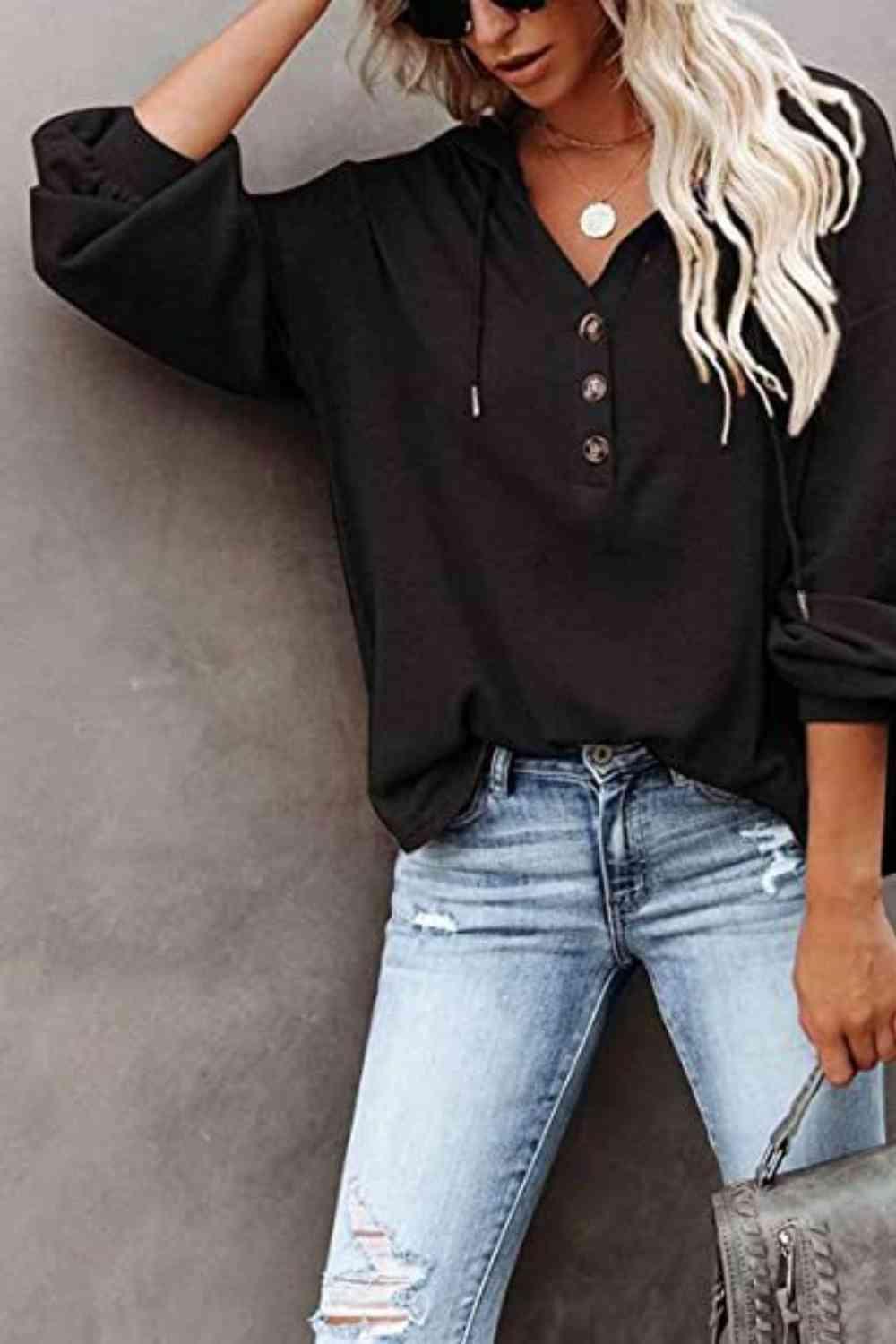Buttoned Drop Shoulder Hoodie - Immenzive