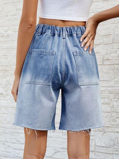 Buttoned Raw Hem Denim Shorts with Pockets - Immenzive