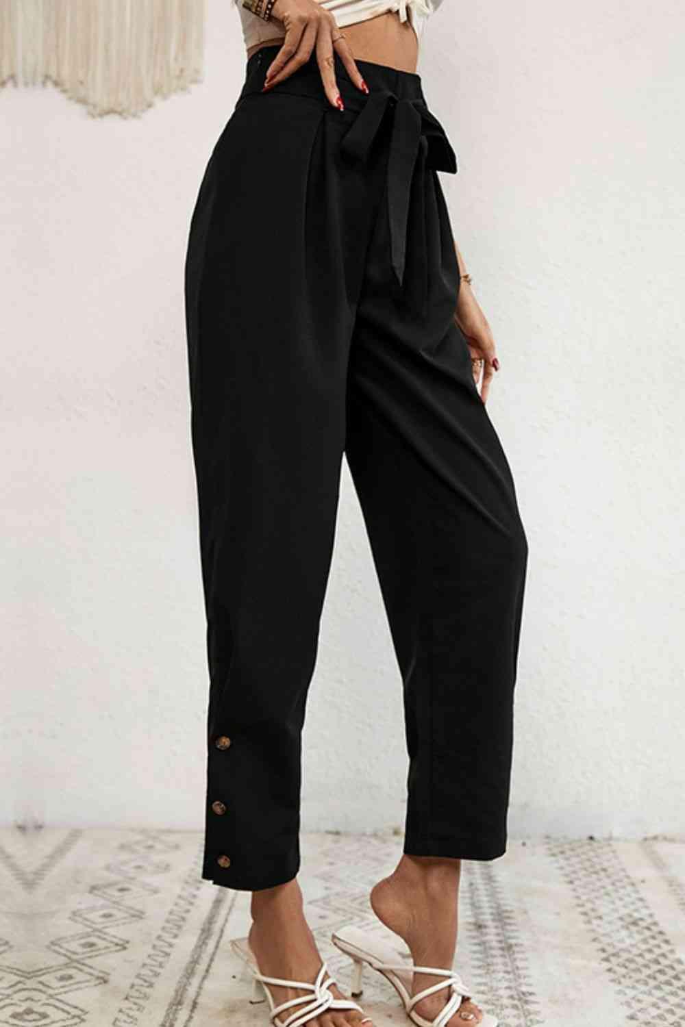Buttoned Tie-Waist Cropped Pants - Immenzive