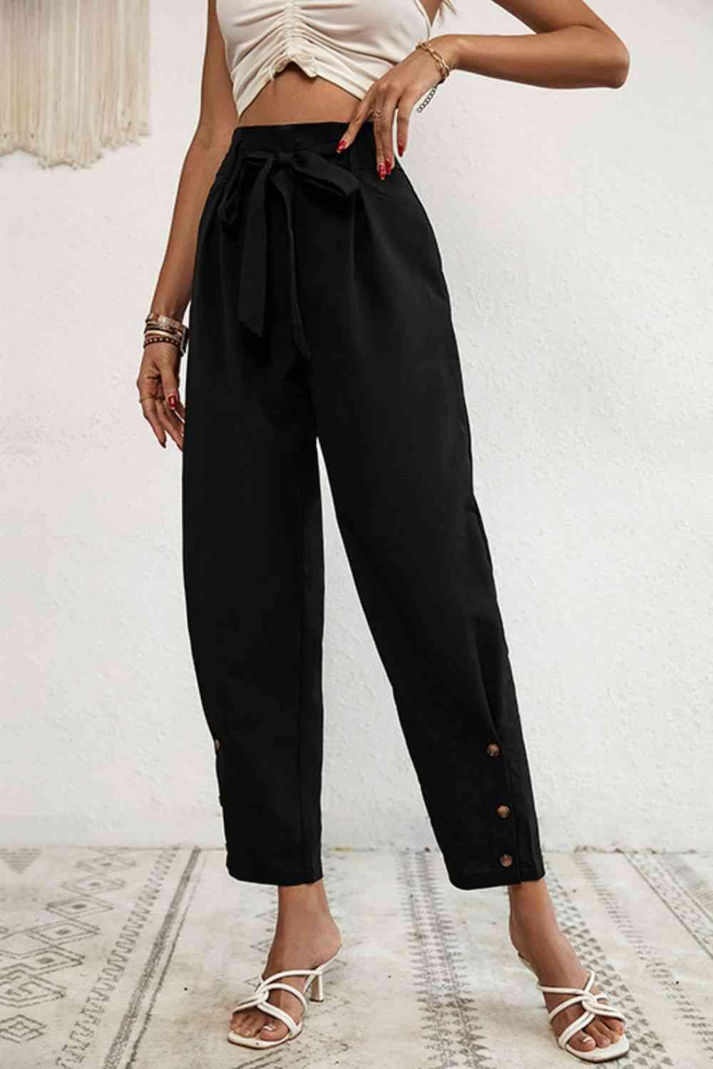 Buttoned Tie-Waist Cropped Pants - Immenzive