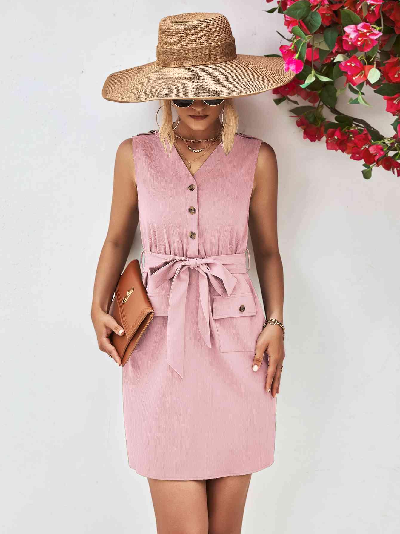 Buttoned V-Neck Belted Sleeveless Dress - Immenzive