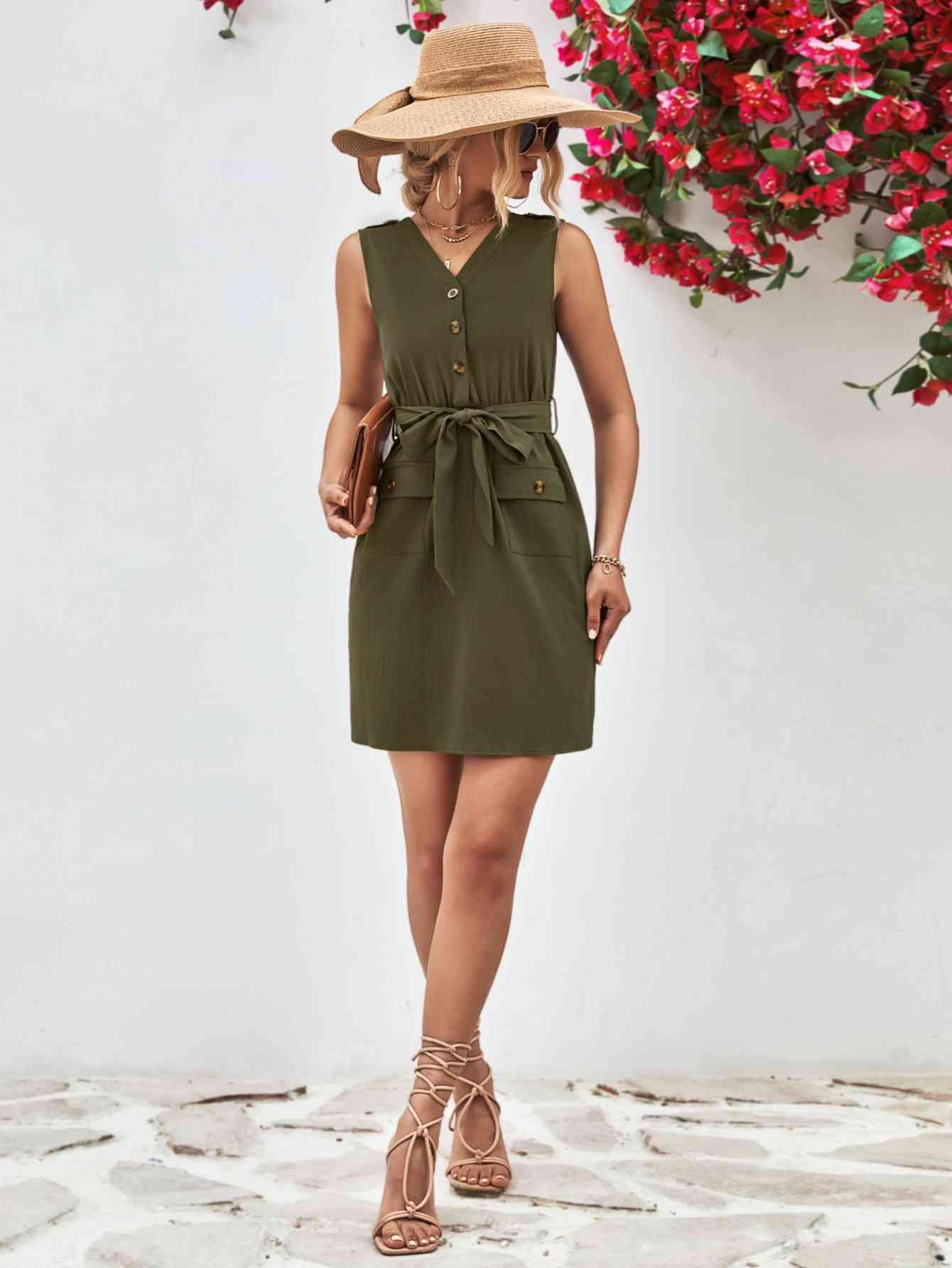 Buttoned V-Neck Belted Sleeveless Dress - Immenzive