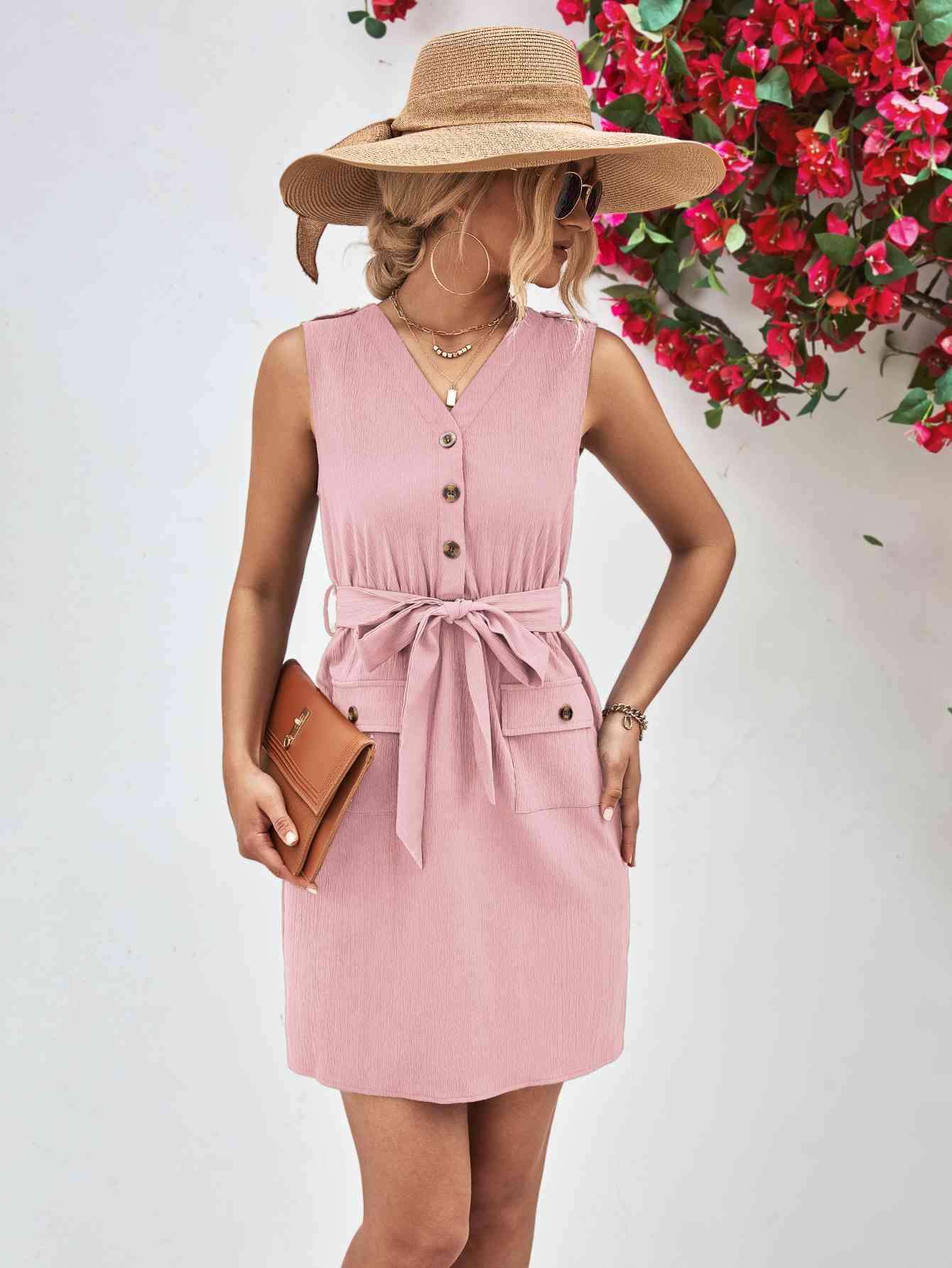 Buttoned V-Neck Belted Sleeveless Dress - Immenzive