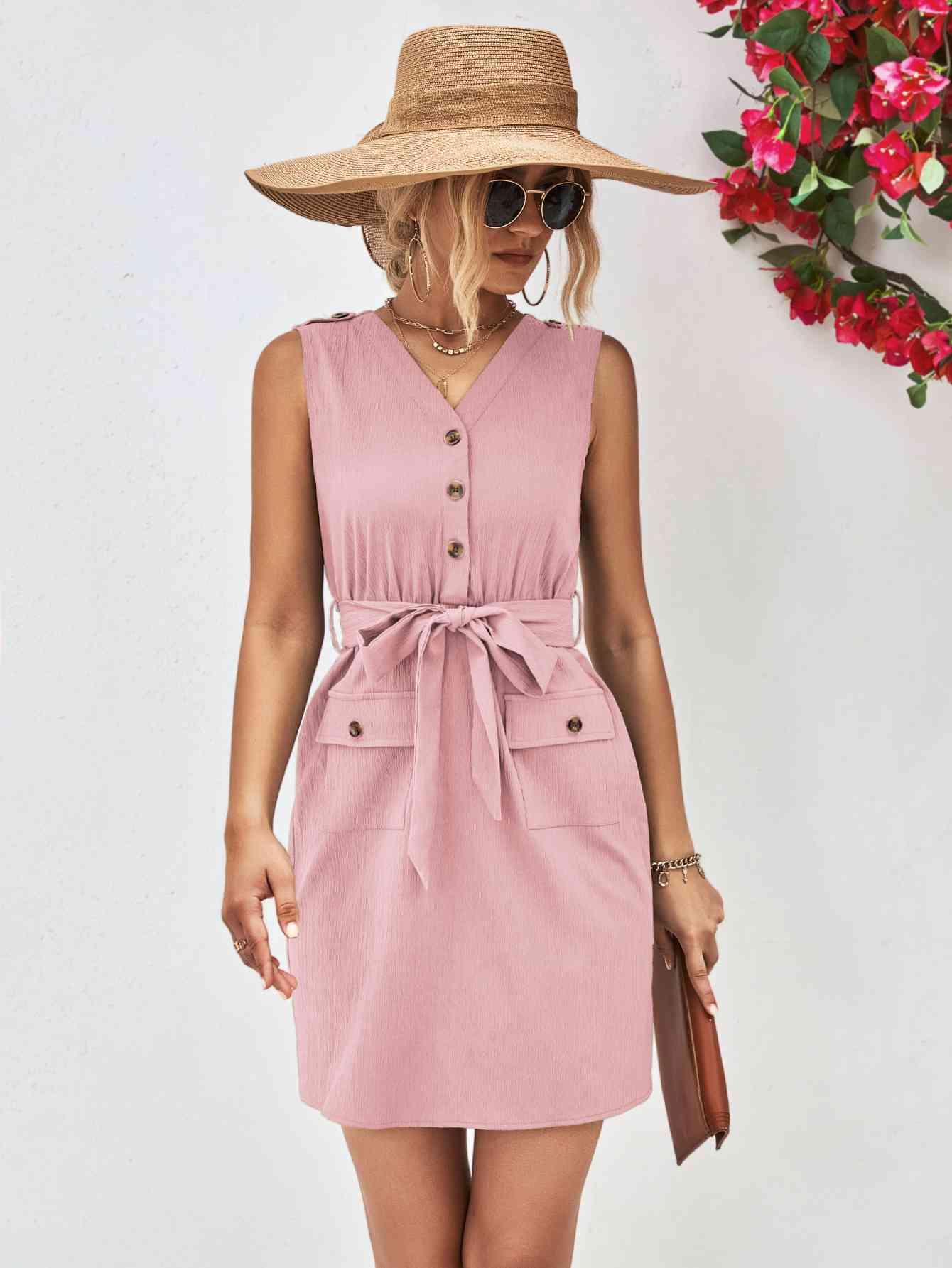 Buttoned V-Neck Belted Sleeveless Dress - Immenzive