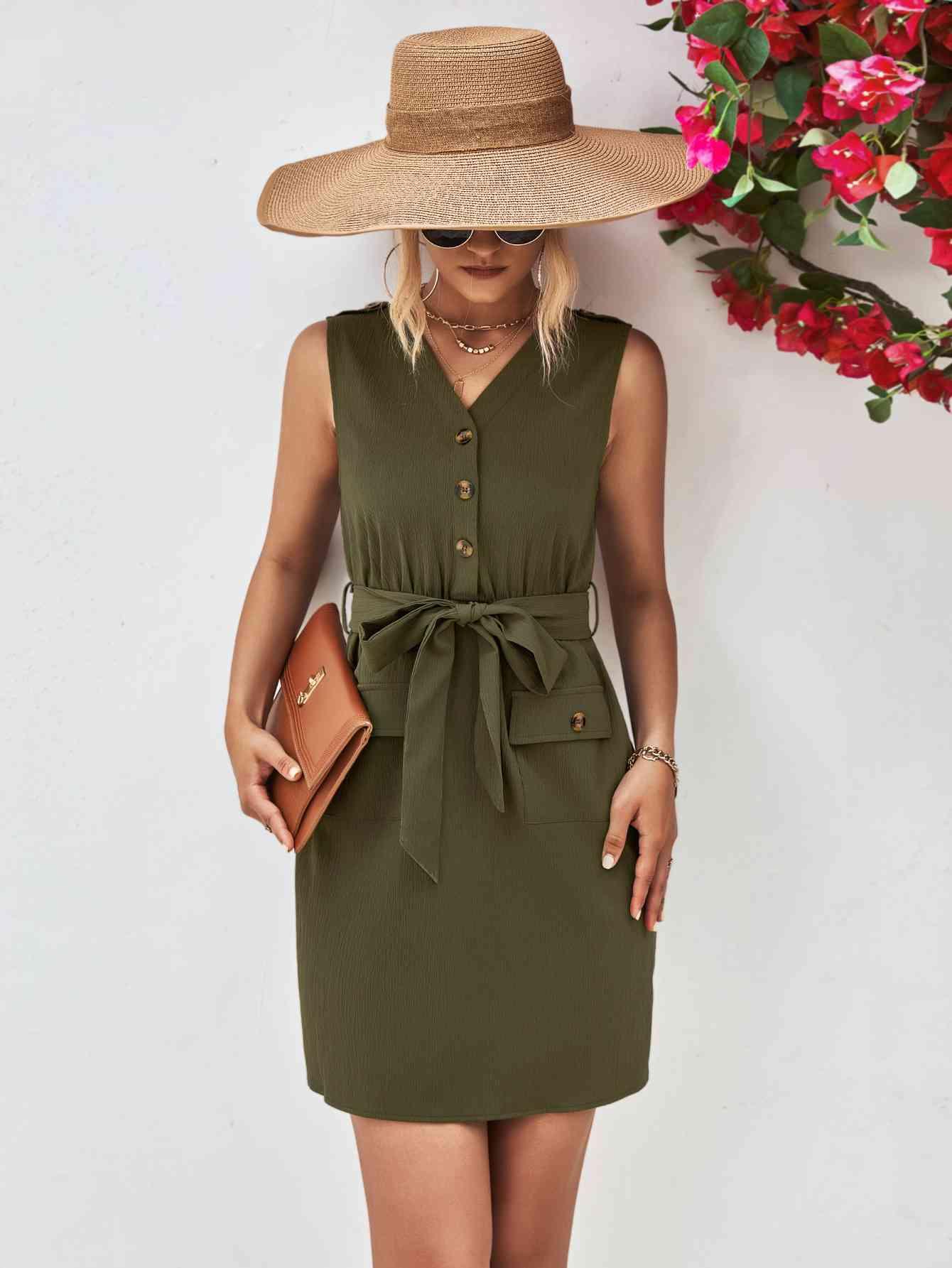 Buttoned V-Neck Belted Sleeveless Dress - Immenzive