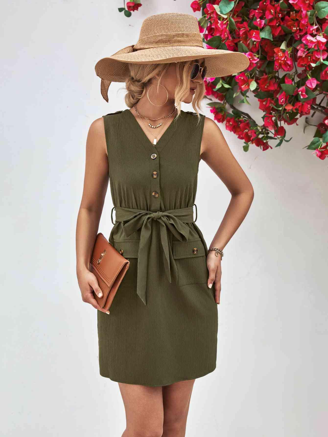 Buttoned V-Neck Belted Sleeveless Dress - Immenzive