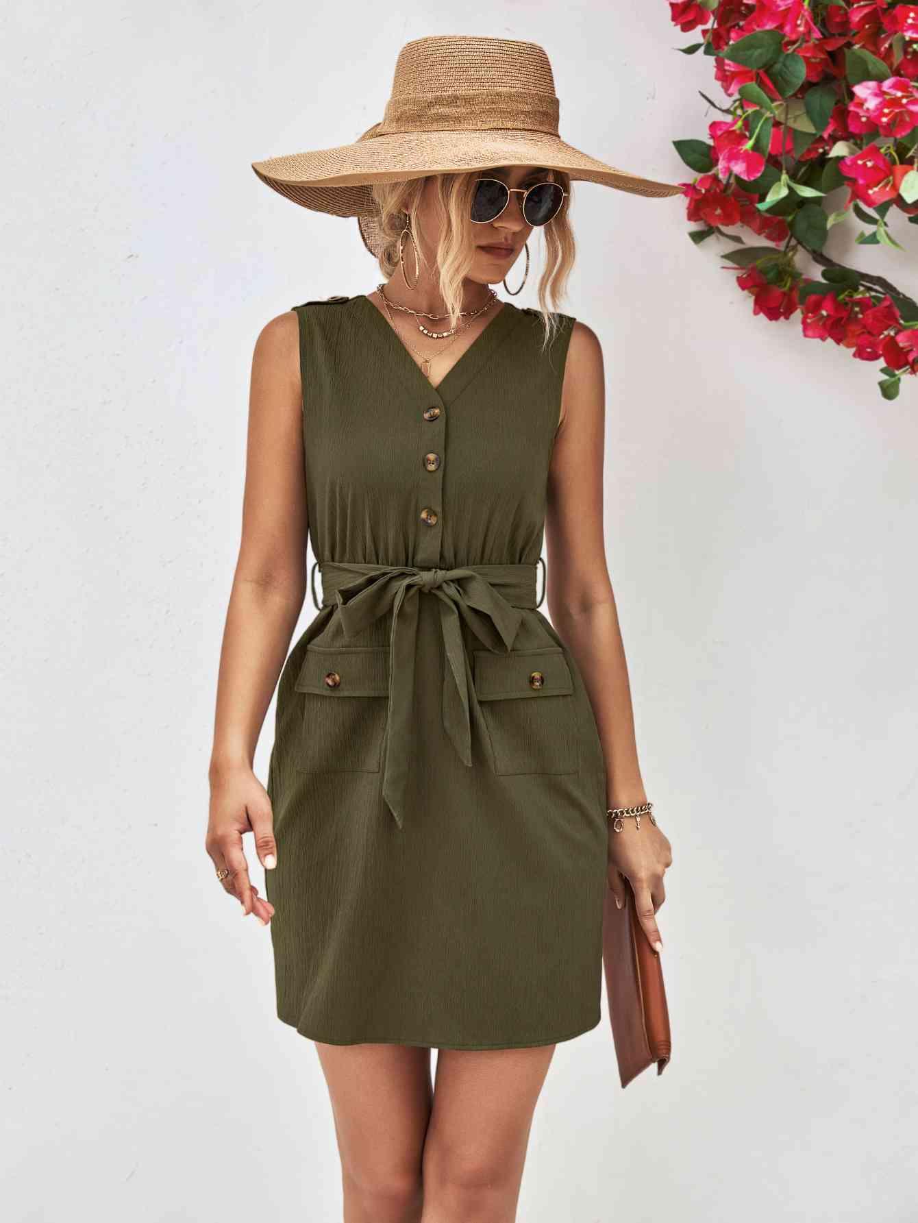 Buttoned V-Neck Belted Sleeveless Dress - Immenzive