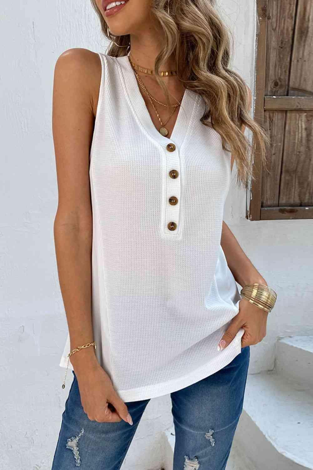 Buttoned V-Neck Tank - Immenzive