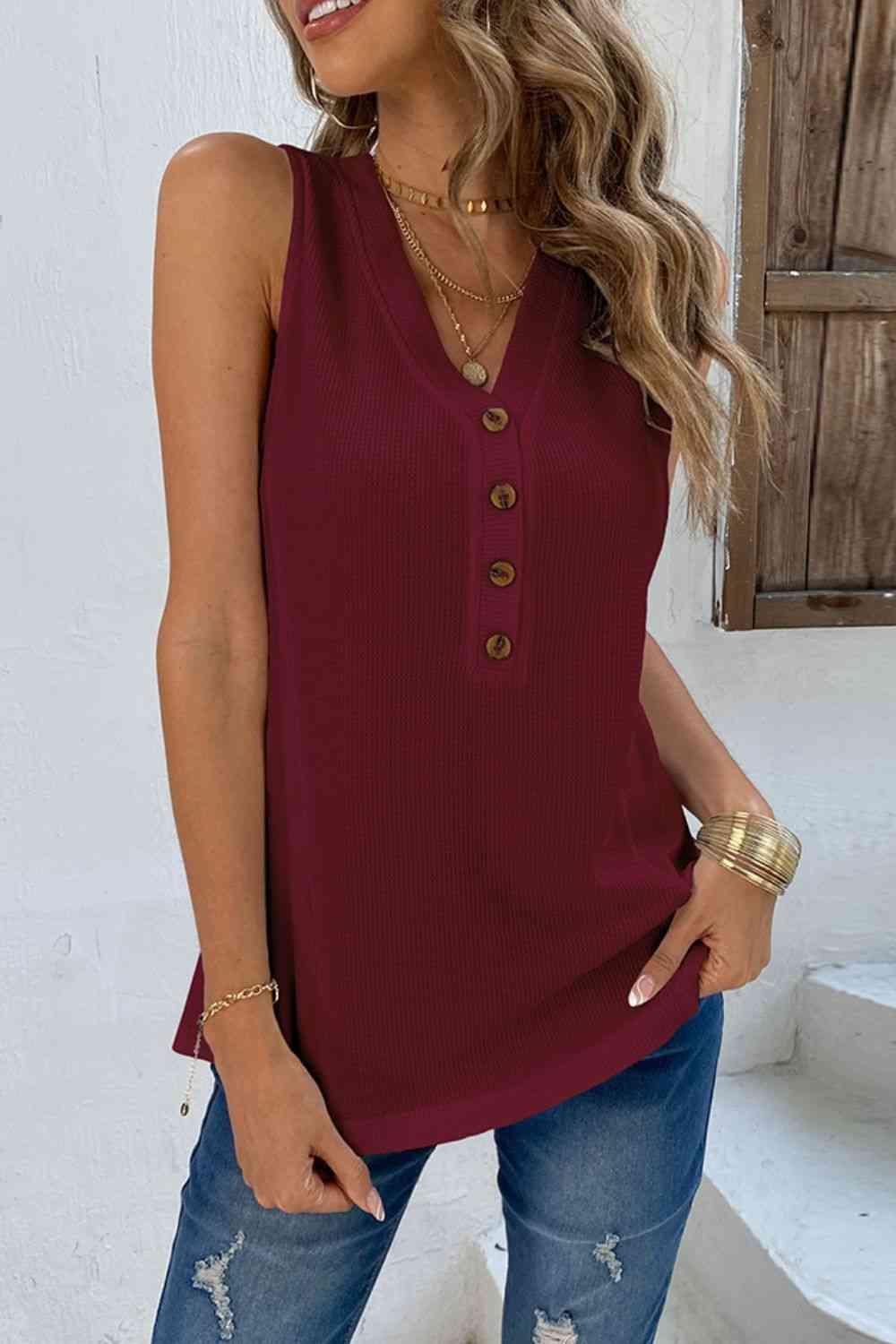 Buttoned V-Neck Tank - Immenzive