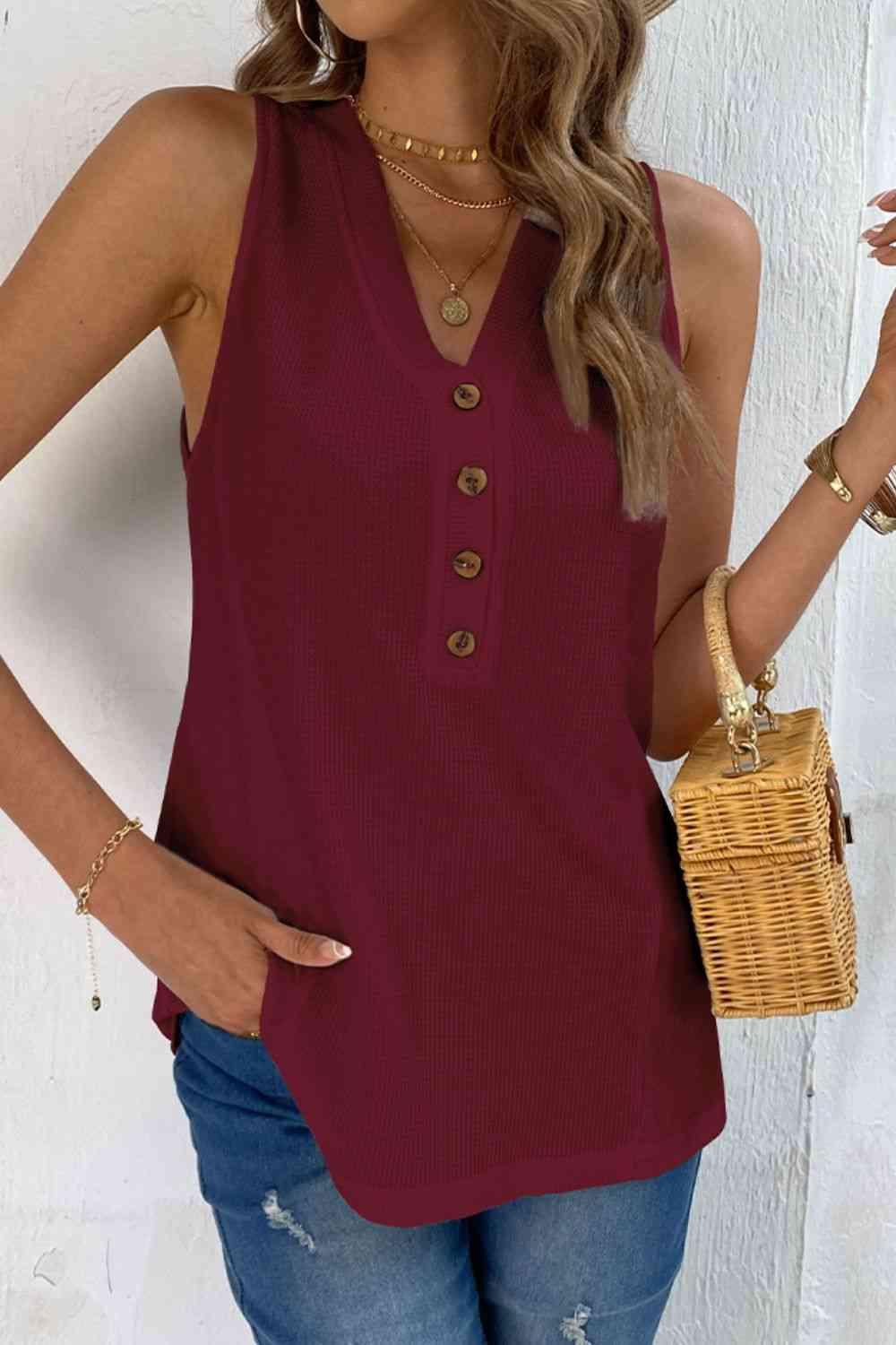 Buttoned V-Neck Tank - Immenzive