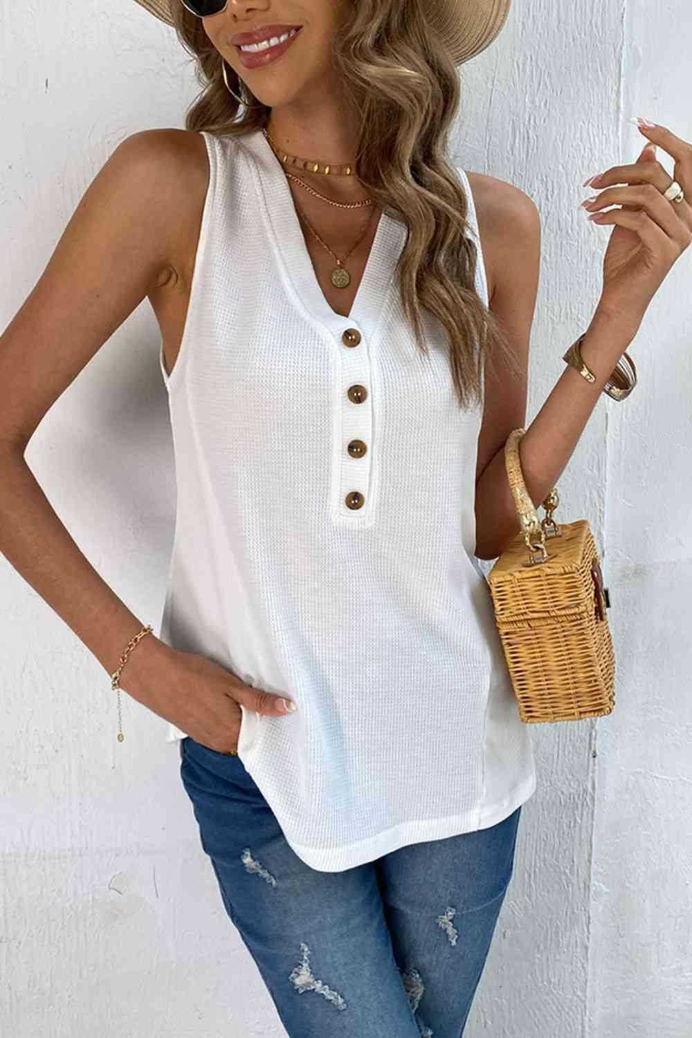 Buttoned V-Neck Tank - Immenzive