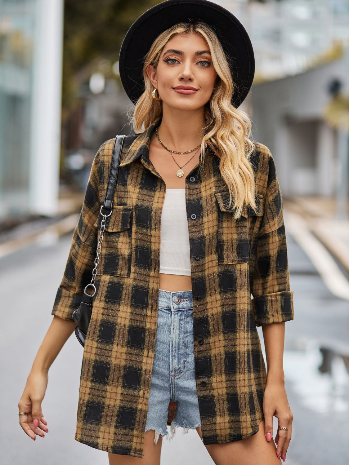 Plaid Collared Neck Button Down Jacket - Immenzive