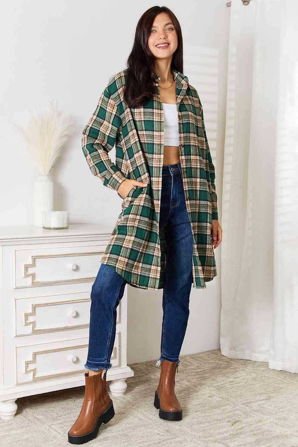 Double Take Plaid Collared Neck Long Sleeve Shirt - Immenzive