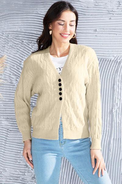 Cable-Knit Button Up Dropped Shoulder Cardigan - Immenzive