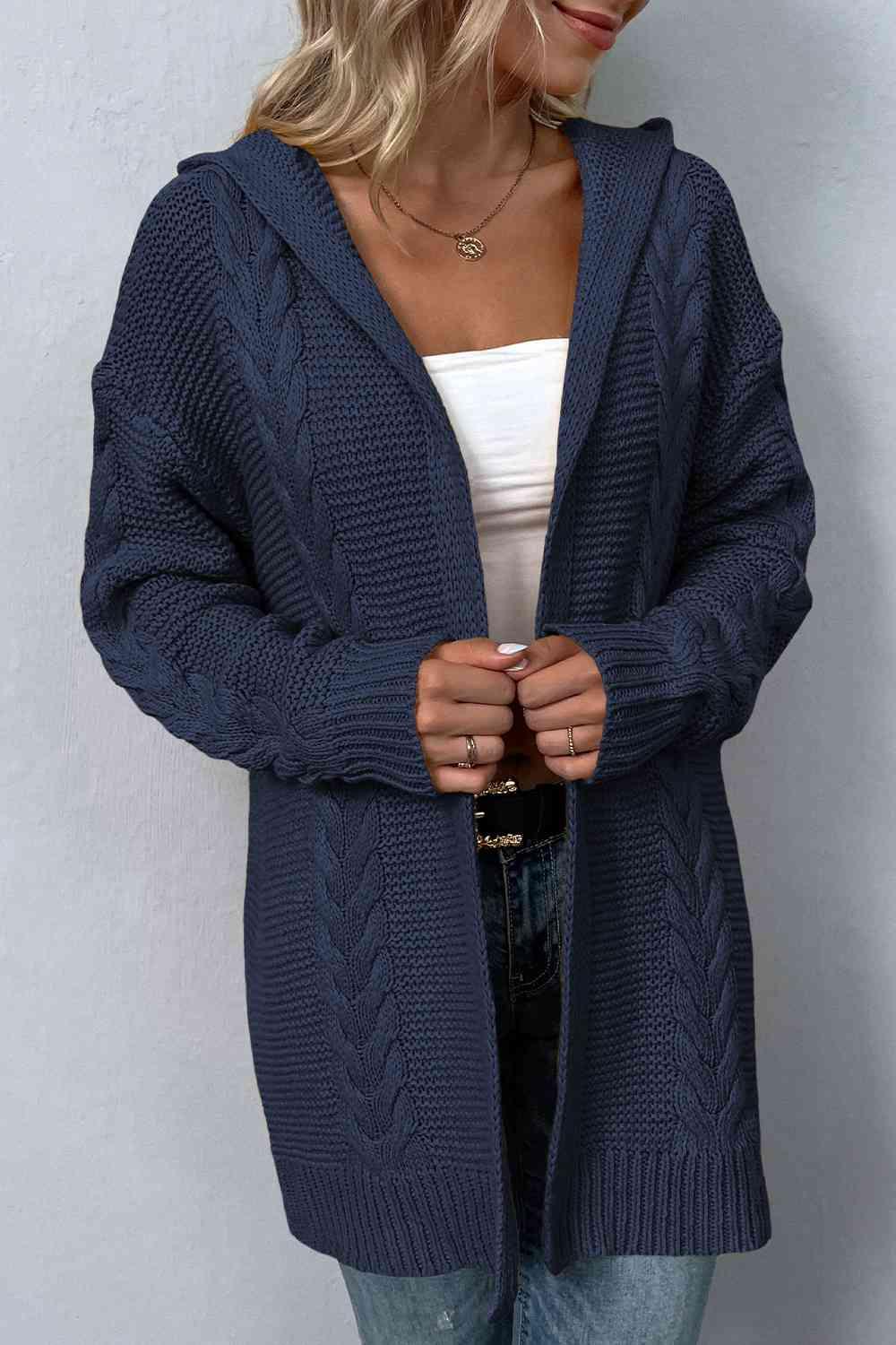 Cable-Knit Dropped Shoulder Hooded Cardigan - Immenzive