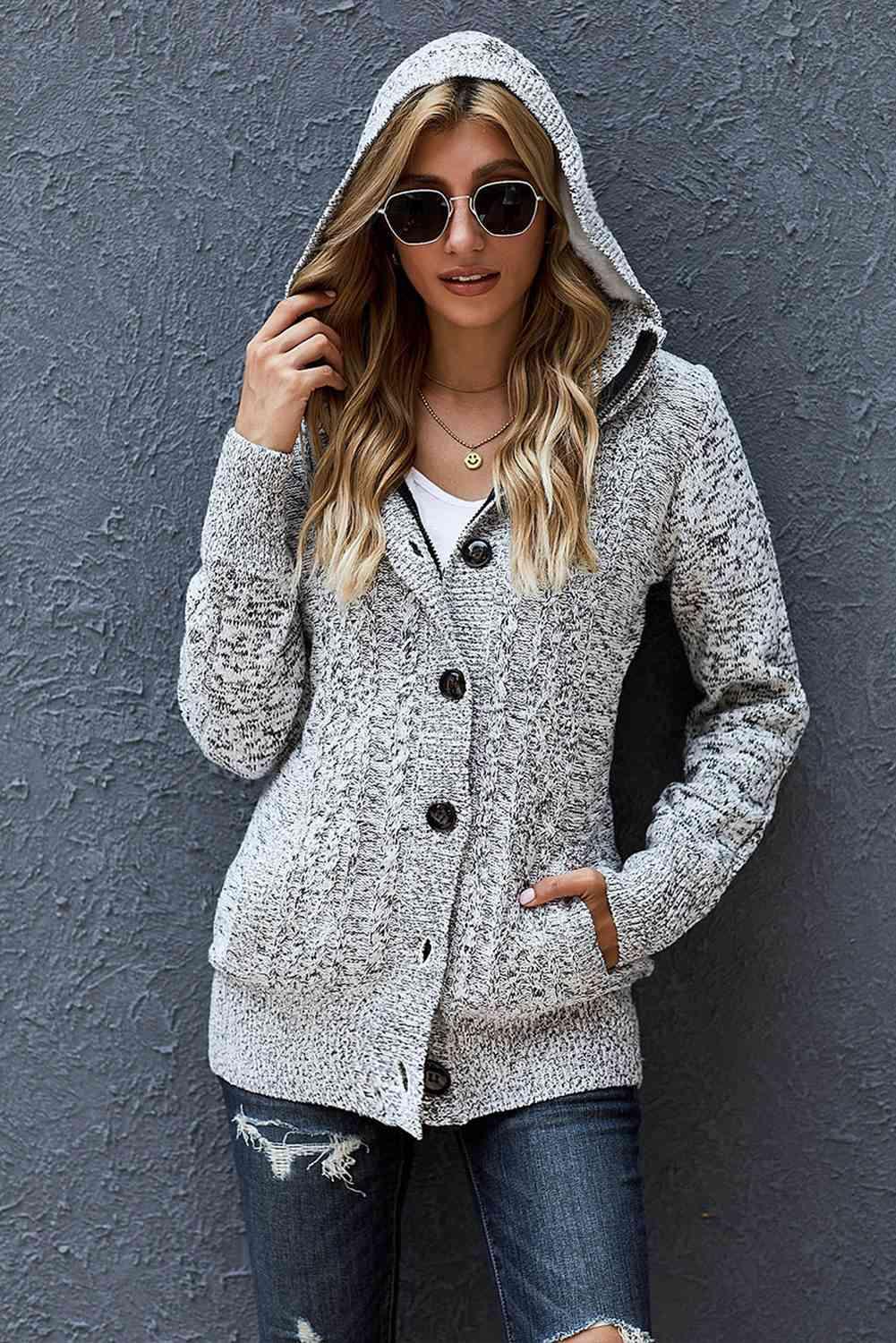 Cable-Knit Fleece Lining Button-Up Hooded Cardigan - Immenzive