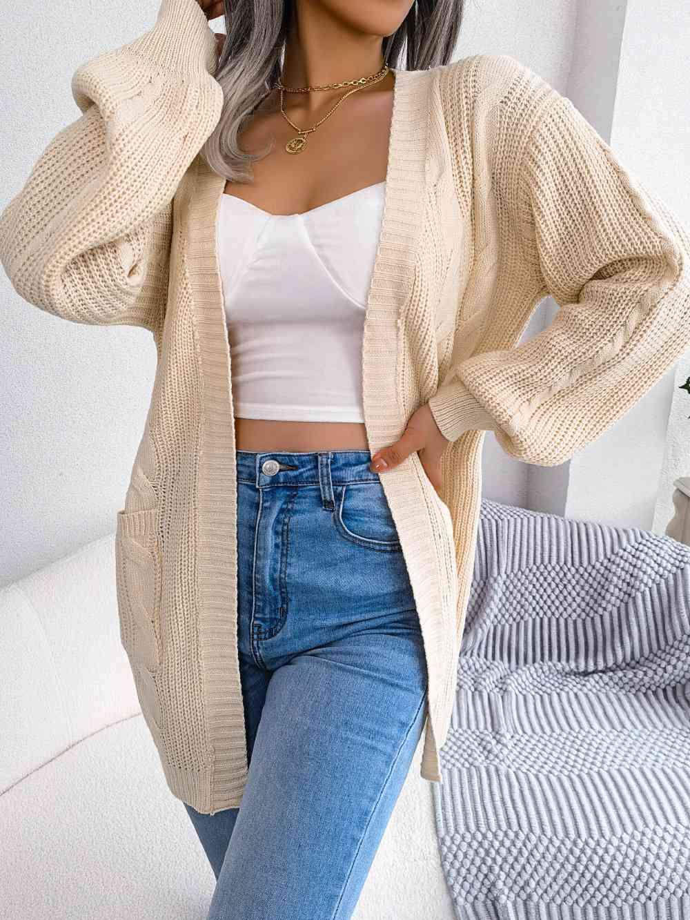 Cable-Knit Open Front Pocketed Cardigan - Immenzive