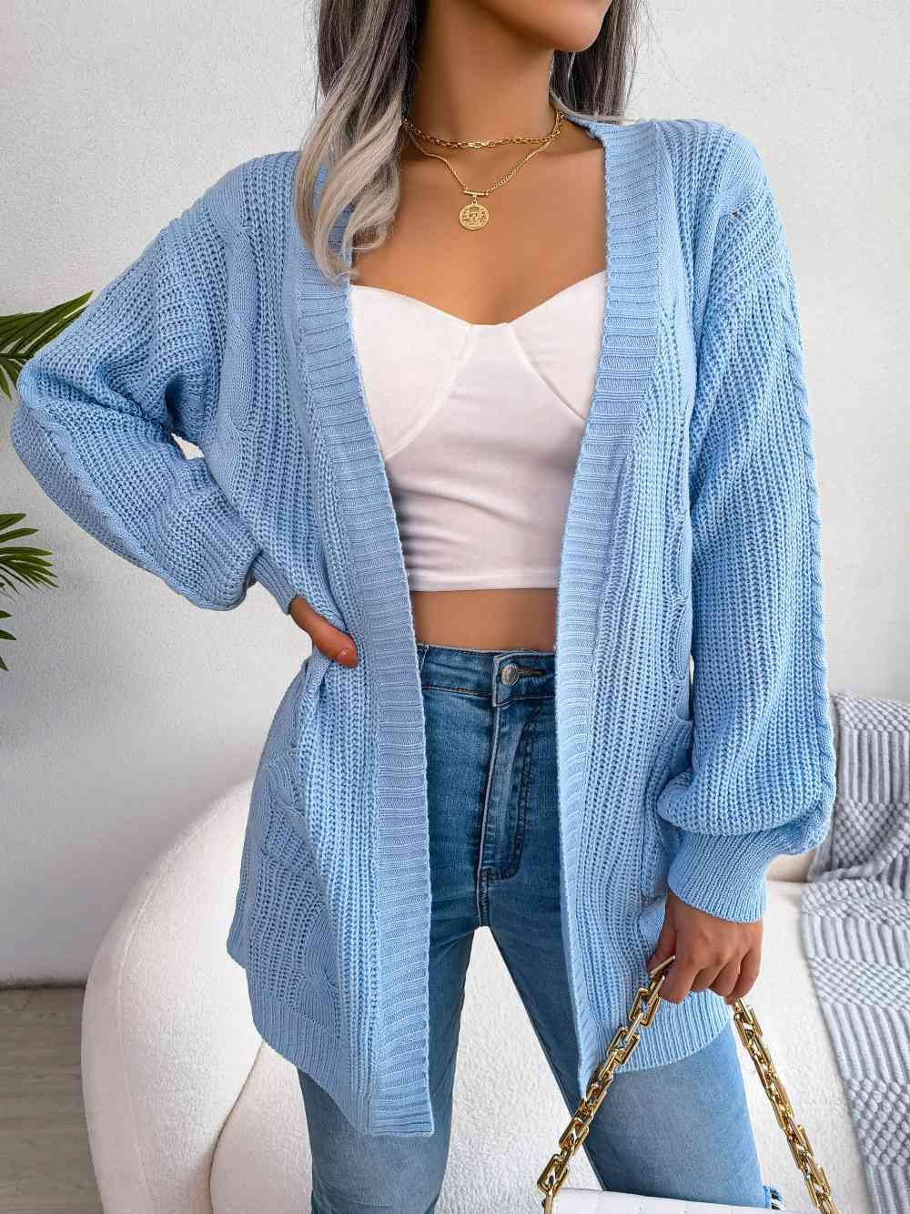 Cable-Knit Open Front Pocketed Cardigan - Immenzive