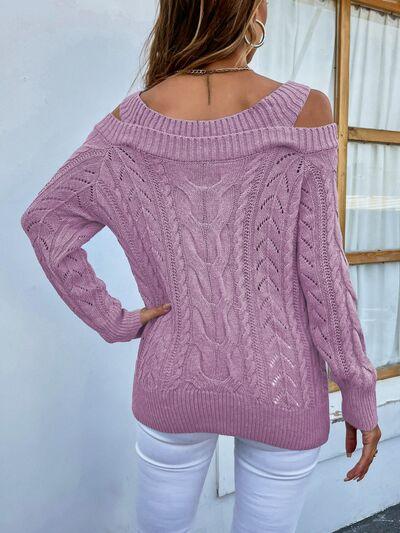 Cable-Knit Openwork Sweetheart Neck Sweater - Immenzive