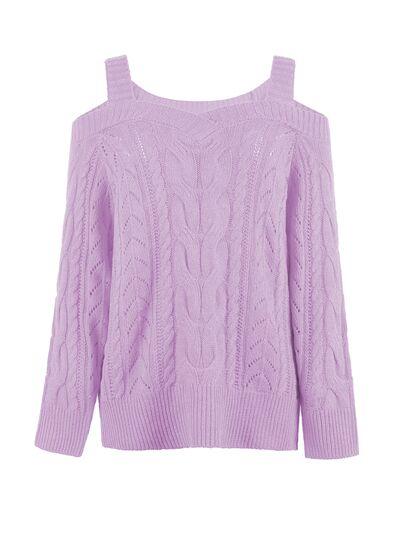 Cable-Knit Openwork Sweetheart Neck Sweater - Immenzive