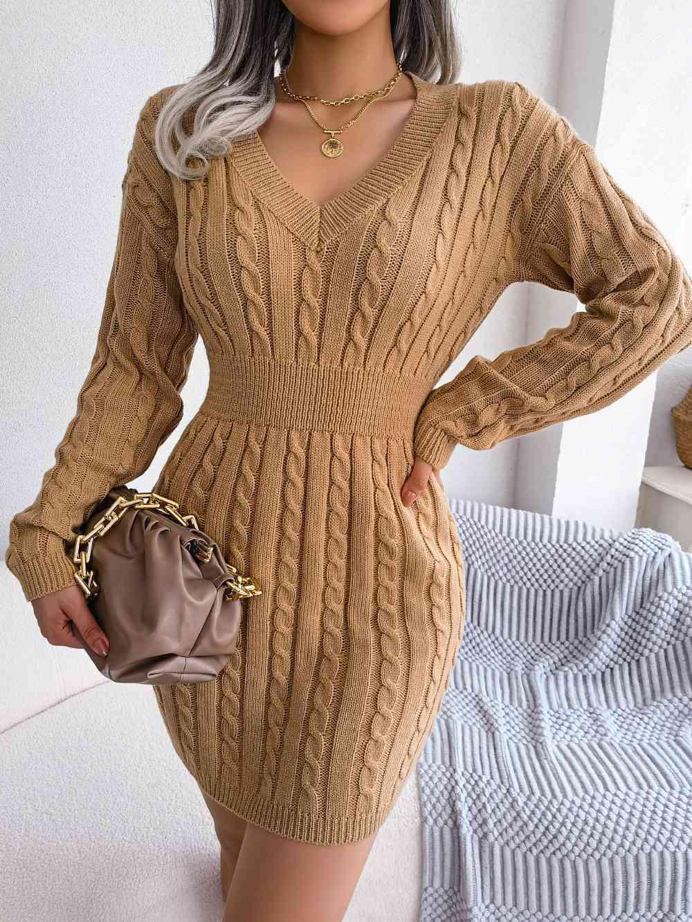 Cable-Knit V-Neck Mini Sweater Dress - Immenzive