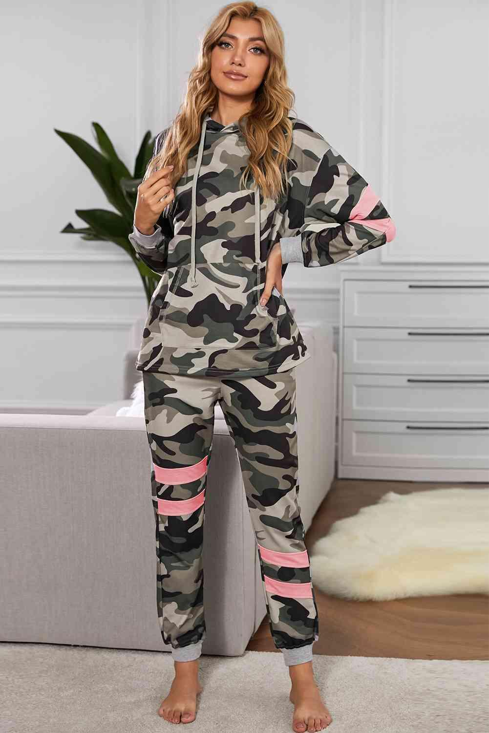 Camouflage Contrast Detail Hoodie and Joggers Lounge Set - Immenzive