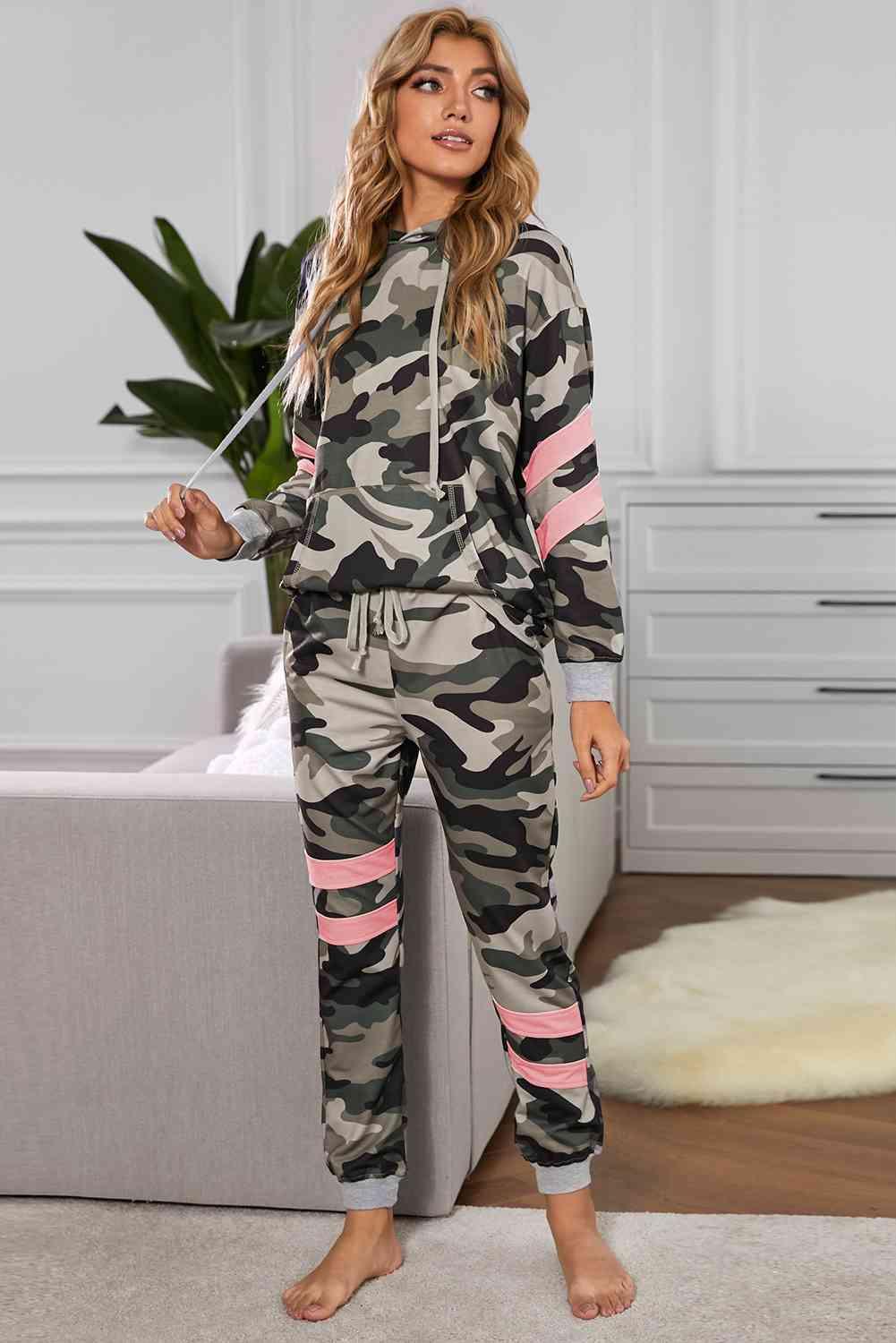 Camouflage Contrast Detail Hoodie and Joggers Lounge Set - Immenzive