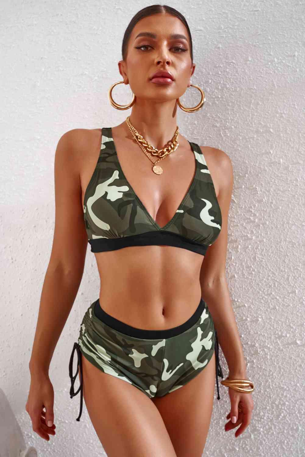 Camouflage Crisscross Tie-Back Bikini Set - Immenzive