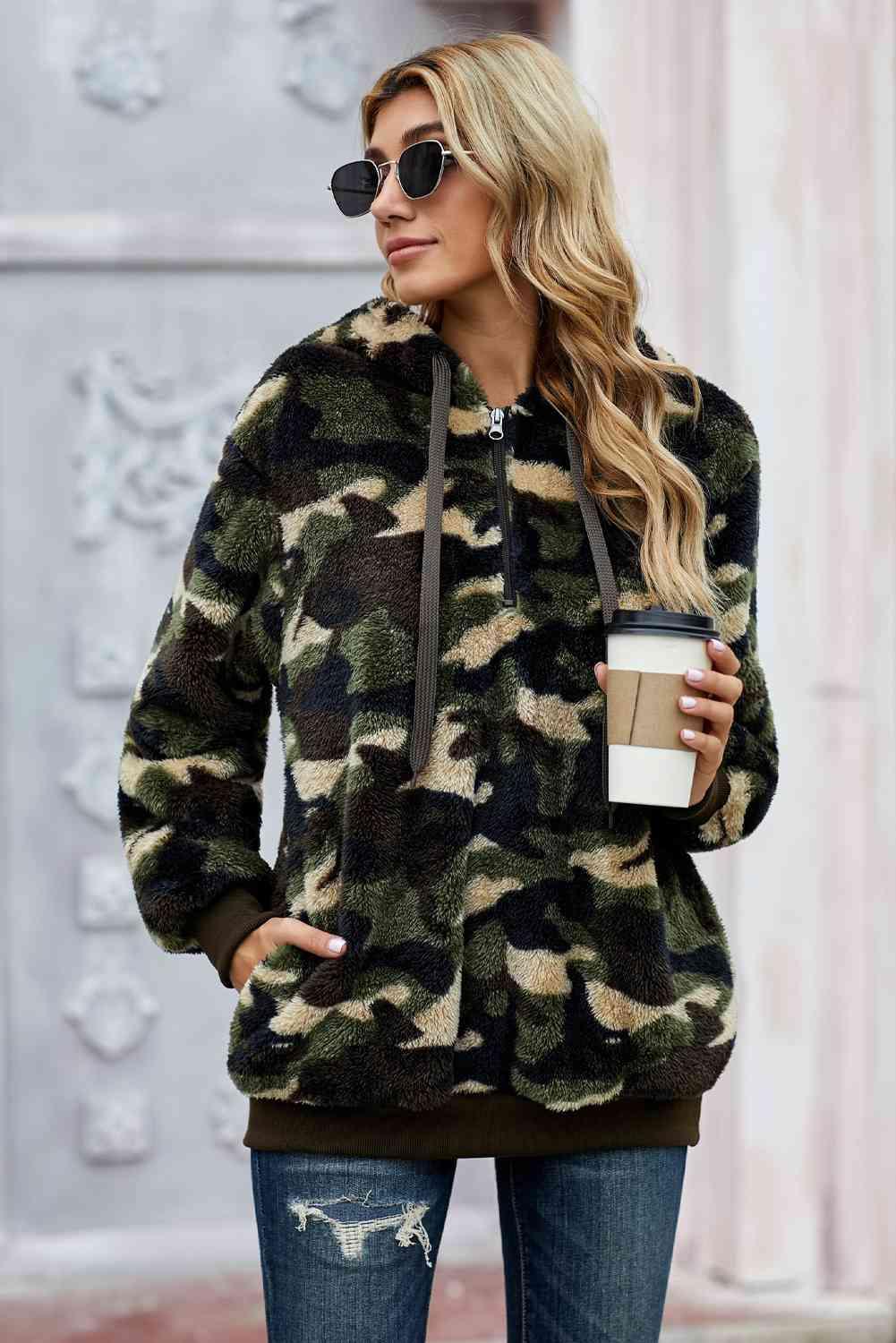 Camouflage Half Zip Fuzzy Hoodie - Immenzive