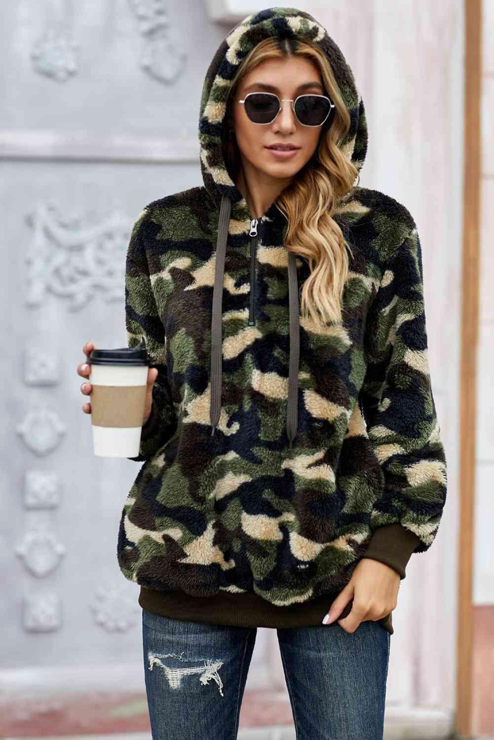 Camouflage Half Zip Fuzzy Hoodie - Immenzive